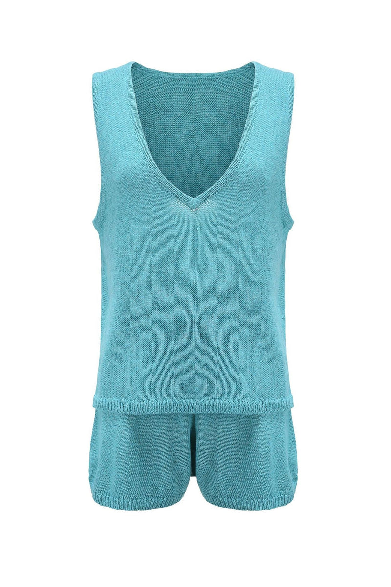 V Neck Knit Tank Top Shorts Suits