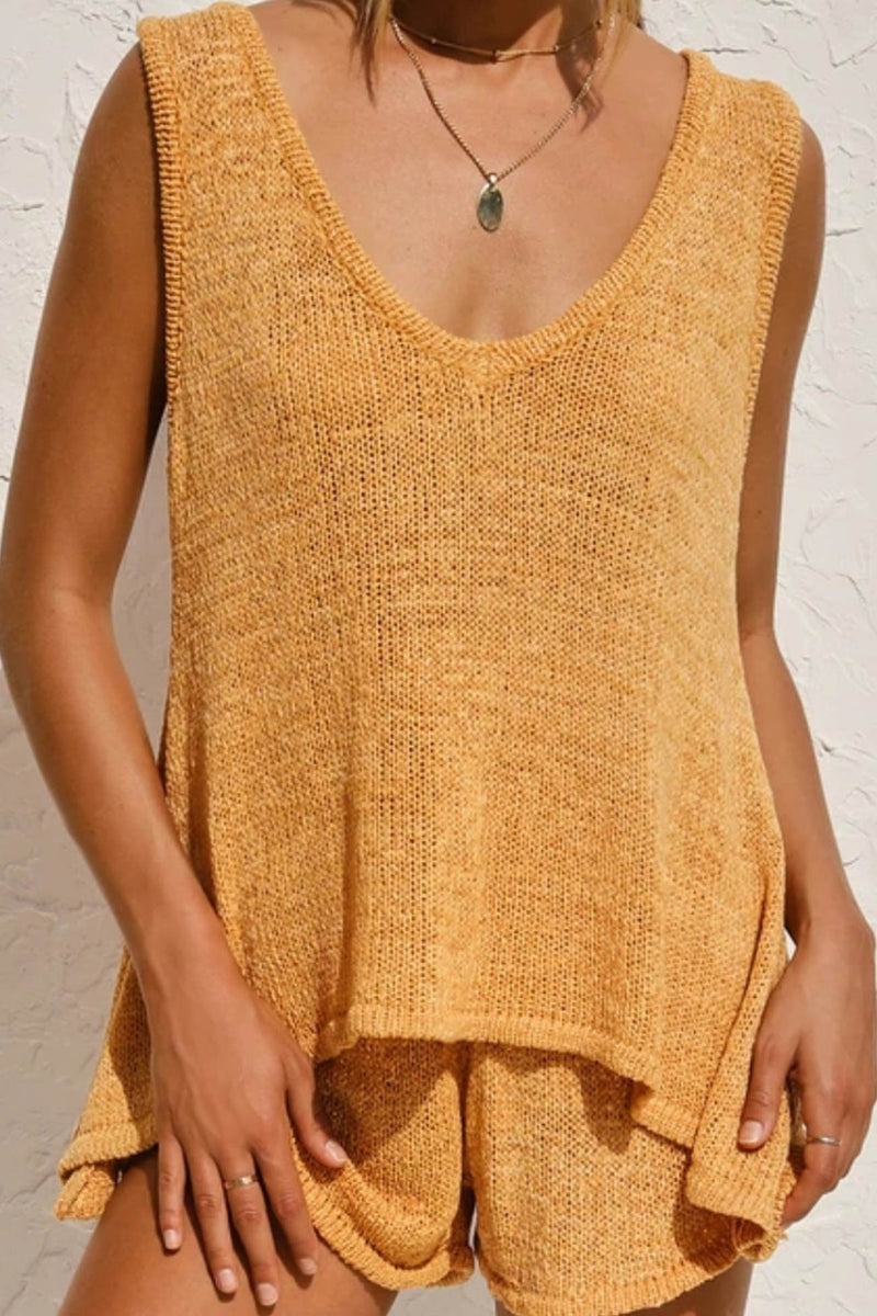 V Neck Knit Tank Top Shorts Suits
