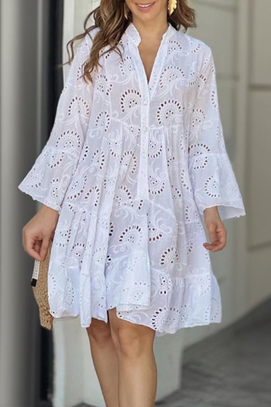 V Neck Lace Embroidery Hollow Out Cotton Dress