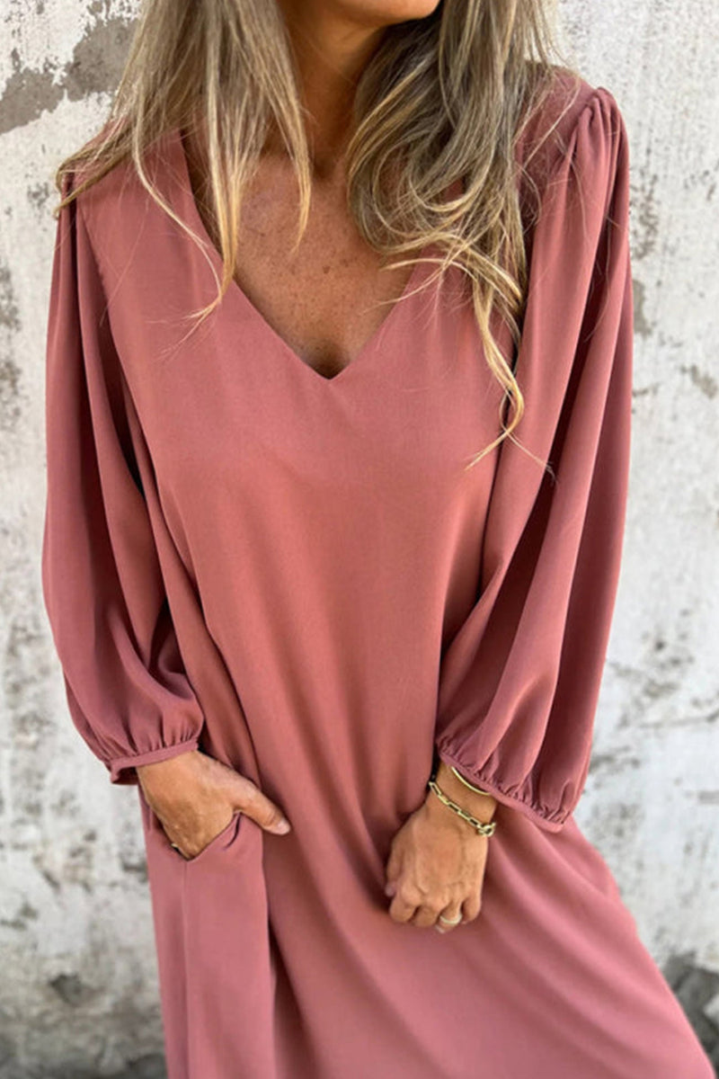 V Neck Lantern Sleeve Maxi Dress