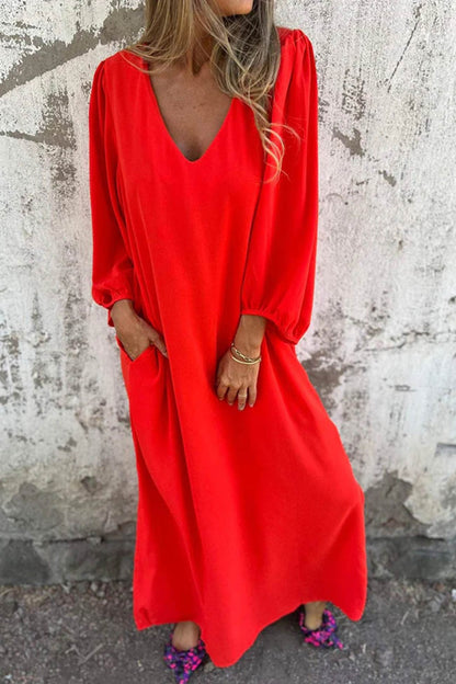V Neck Lantern Sleeve Maxi Dress