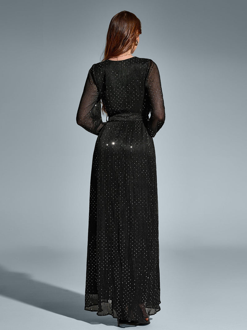 V-neck Side Split Tie Round Dot Ruched Maxi Dress