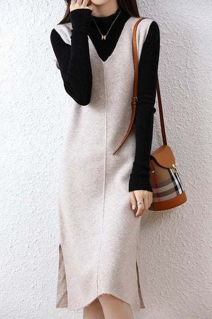 V Neck Color Wool Tank Dress