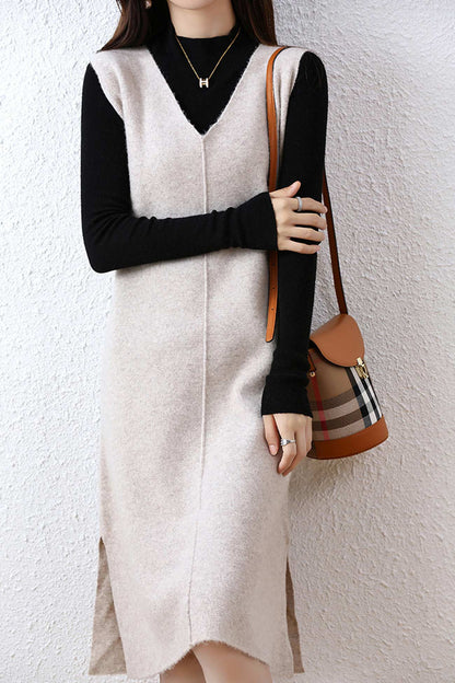 V Neck Color Wool Tank Dress