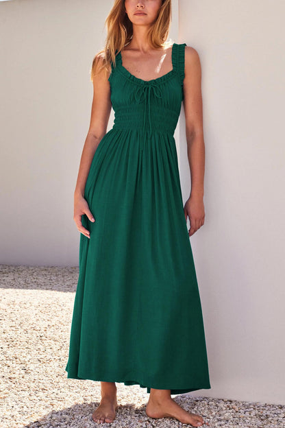 V Neck Tie-up Smocked Midi Dress