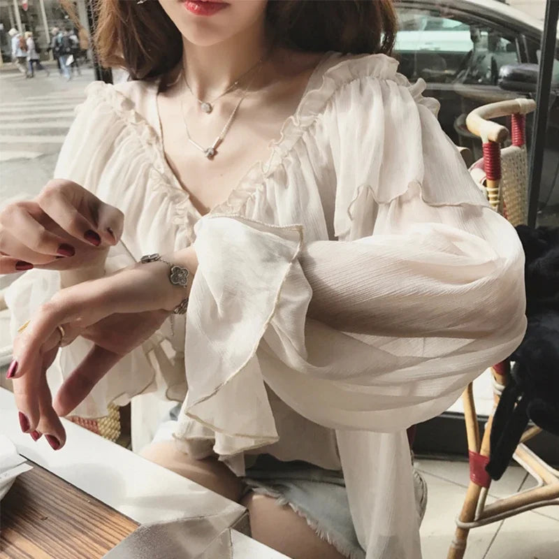 See Through Mesh Ruffle Blouse