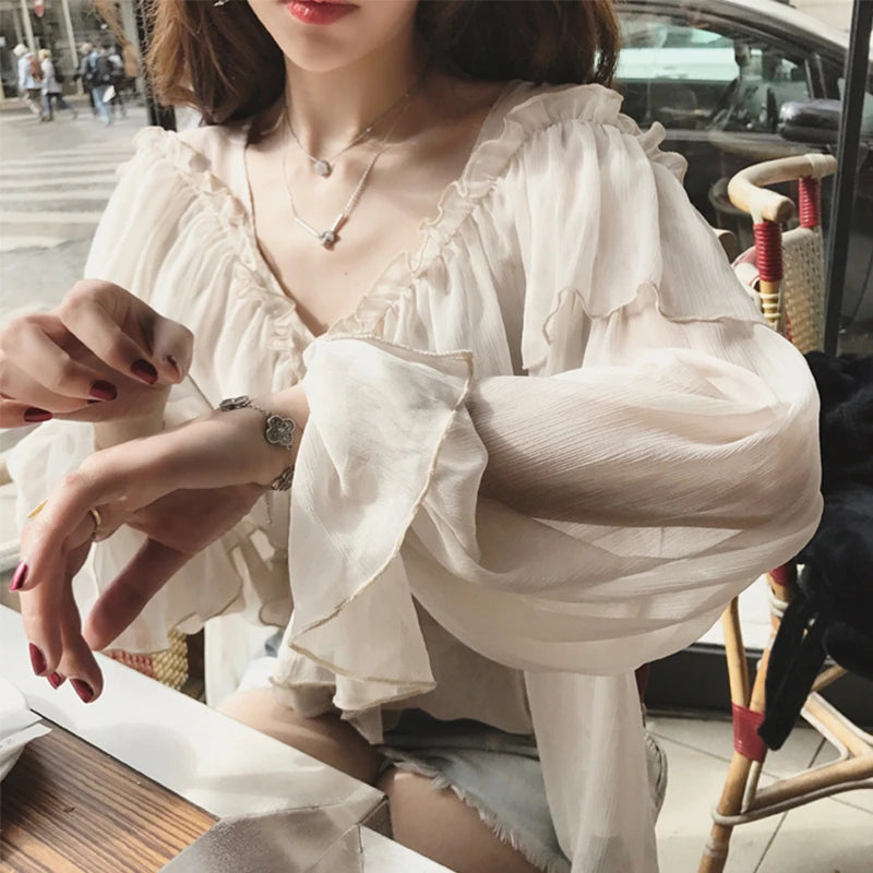 See Through Mesh Ruffle Blouse