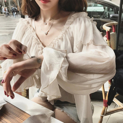 See Through Mesh Ruffle Blouse