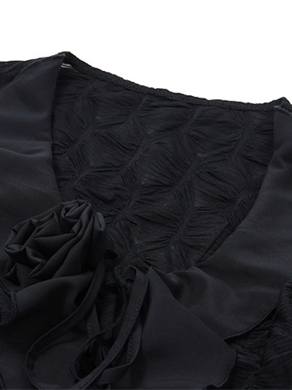 Black Tie Front Ruffles Flower Trim Long Sleeves Blouse