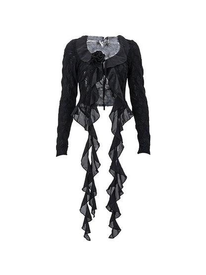 Black Tie Front Ruffles Flower Trim Long Sleeves Blouse