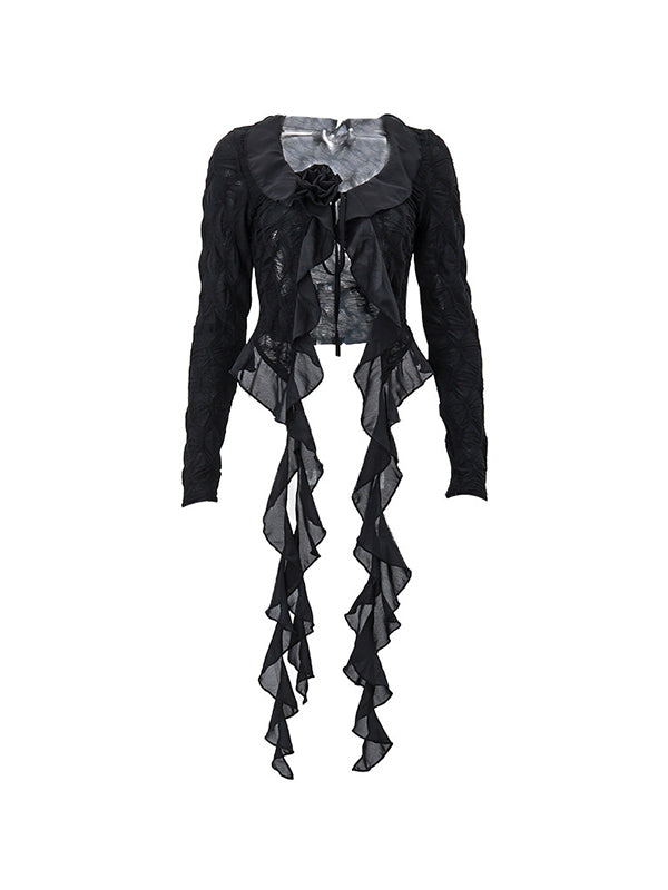 Black Tie Front Ruffles Flower Trim Long Sleeves Blouse