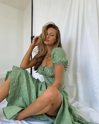 Puff Sleeve Midi Dress in Green