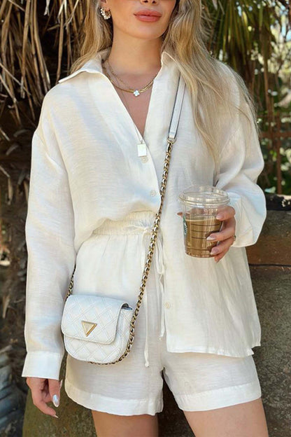 Color V Neck Shirt Drawstring Shorts Set