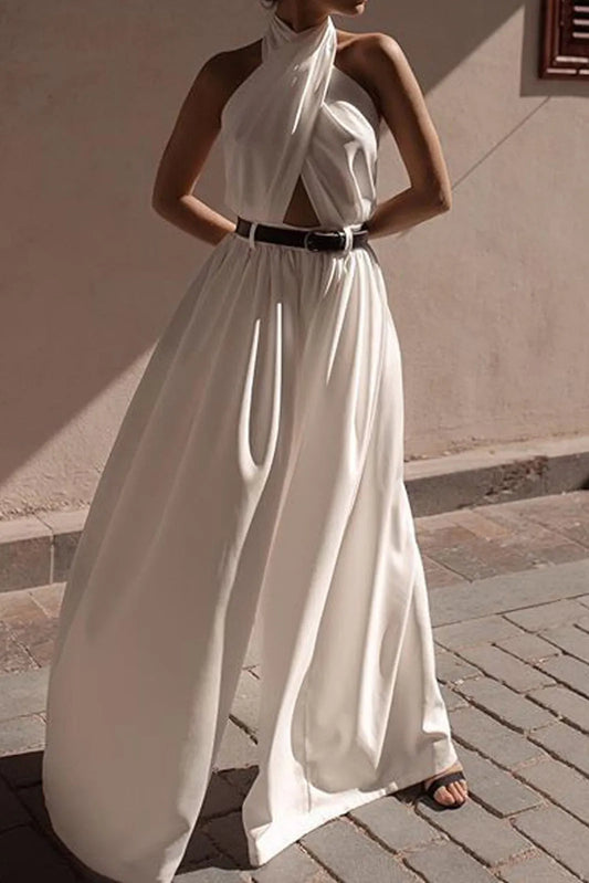 Valri White Criss Cross Halter Backless Jumpsuit Without Belt