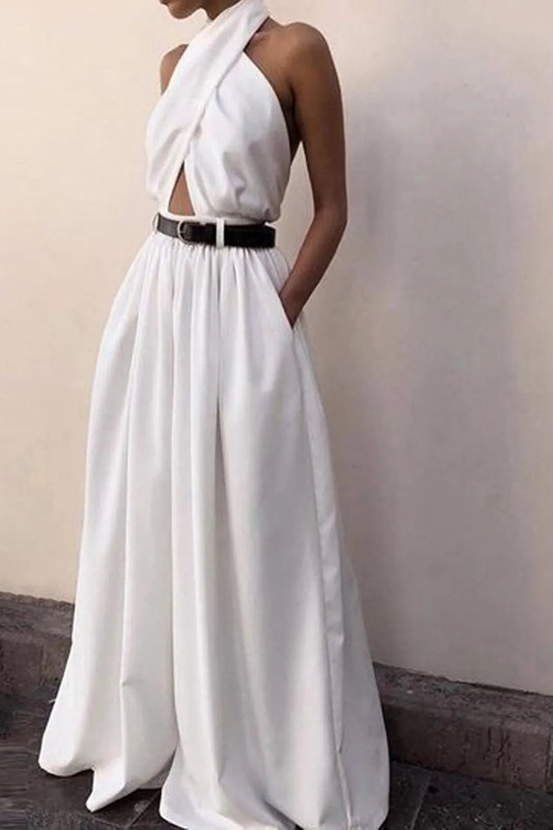 Valri White Criss Cross Halter Backless Jumpsuit Without Belt