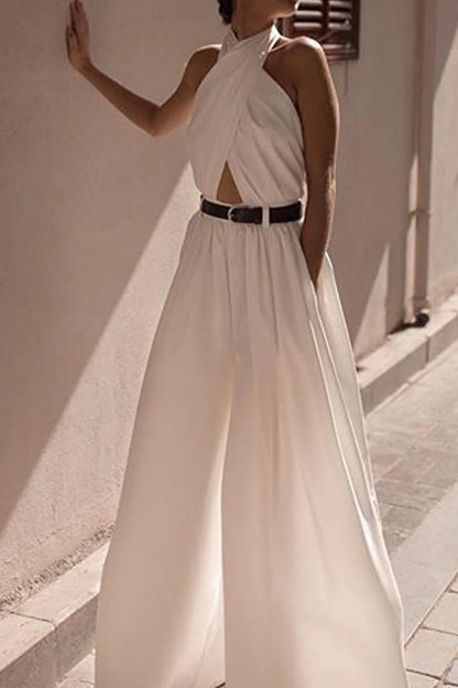 Valri White Criss Cross Halter Backless Jumpsuit Without Belt