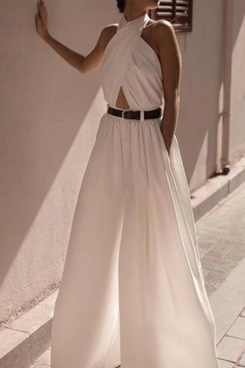 Valri White Criss Cross Halter Backless Jumpsuit Without Belt
