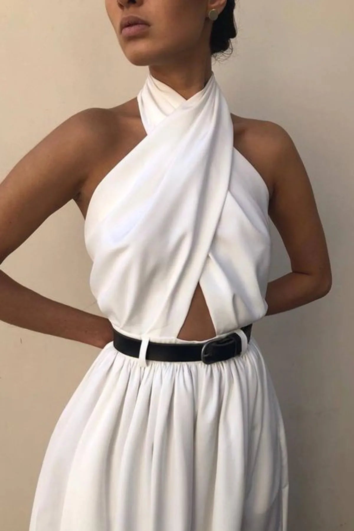 Valri White Criss Cross Halter Backless Jumpsuit Without Belt