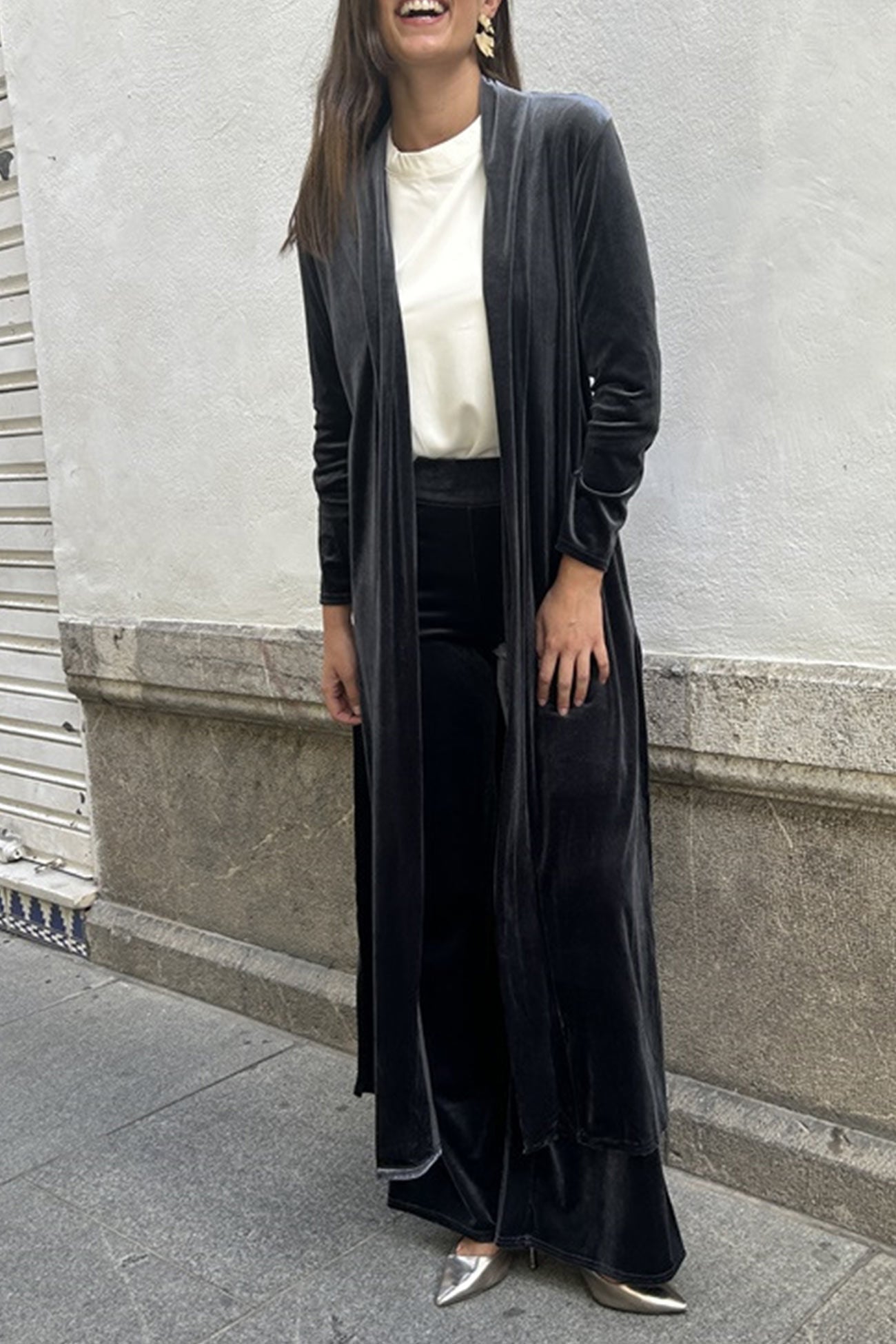 Velvet Slit Long Cardigan Two-piece Pants Suits