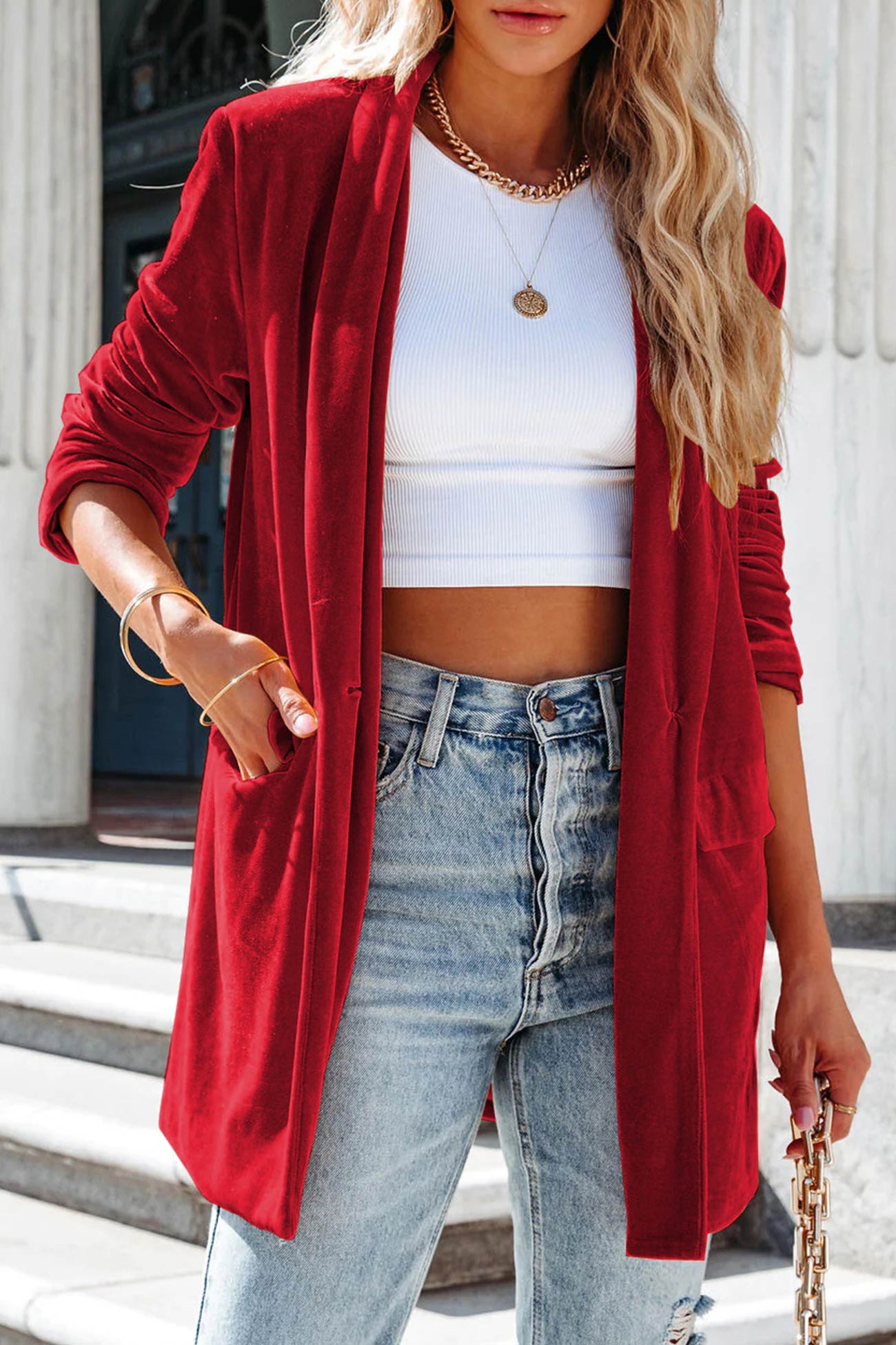 Velvet Pocketed Mid-length Coat