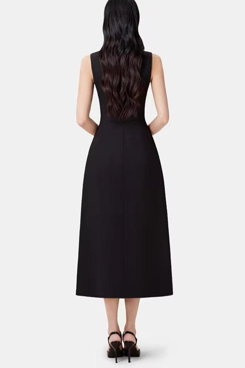 Vequa Asymmetric Collar Sleeveless Midi Dress - Black