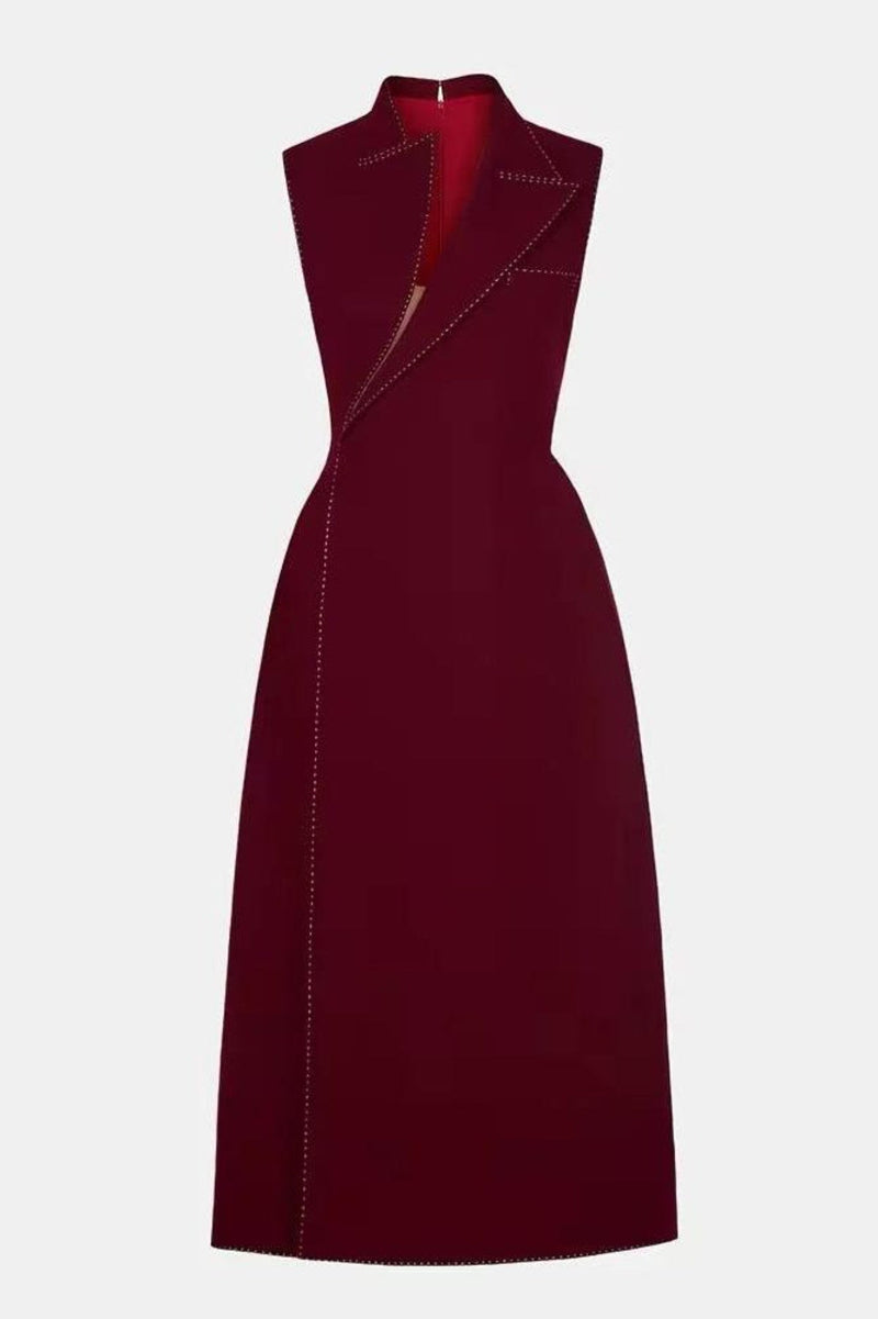 Vequa Asymmetric Collar Sleeveless Midi Dress - Wine