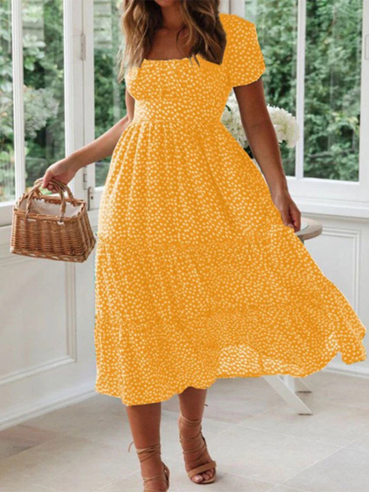 Vestidos Print Puff Sleeve Beach Sweet Square Maxi Long Festa Midi Dresses