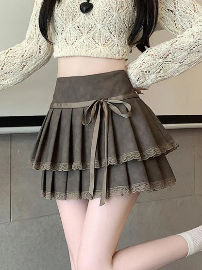 Bow Pleated Pu Skirt