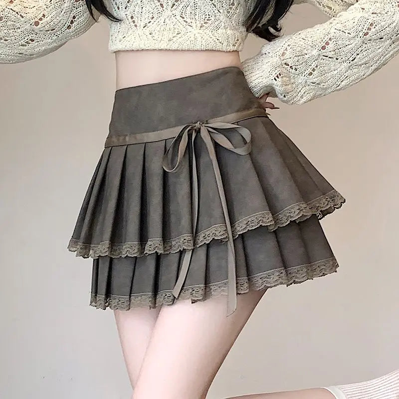Bow Pleated Pu Skirt