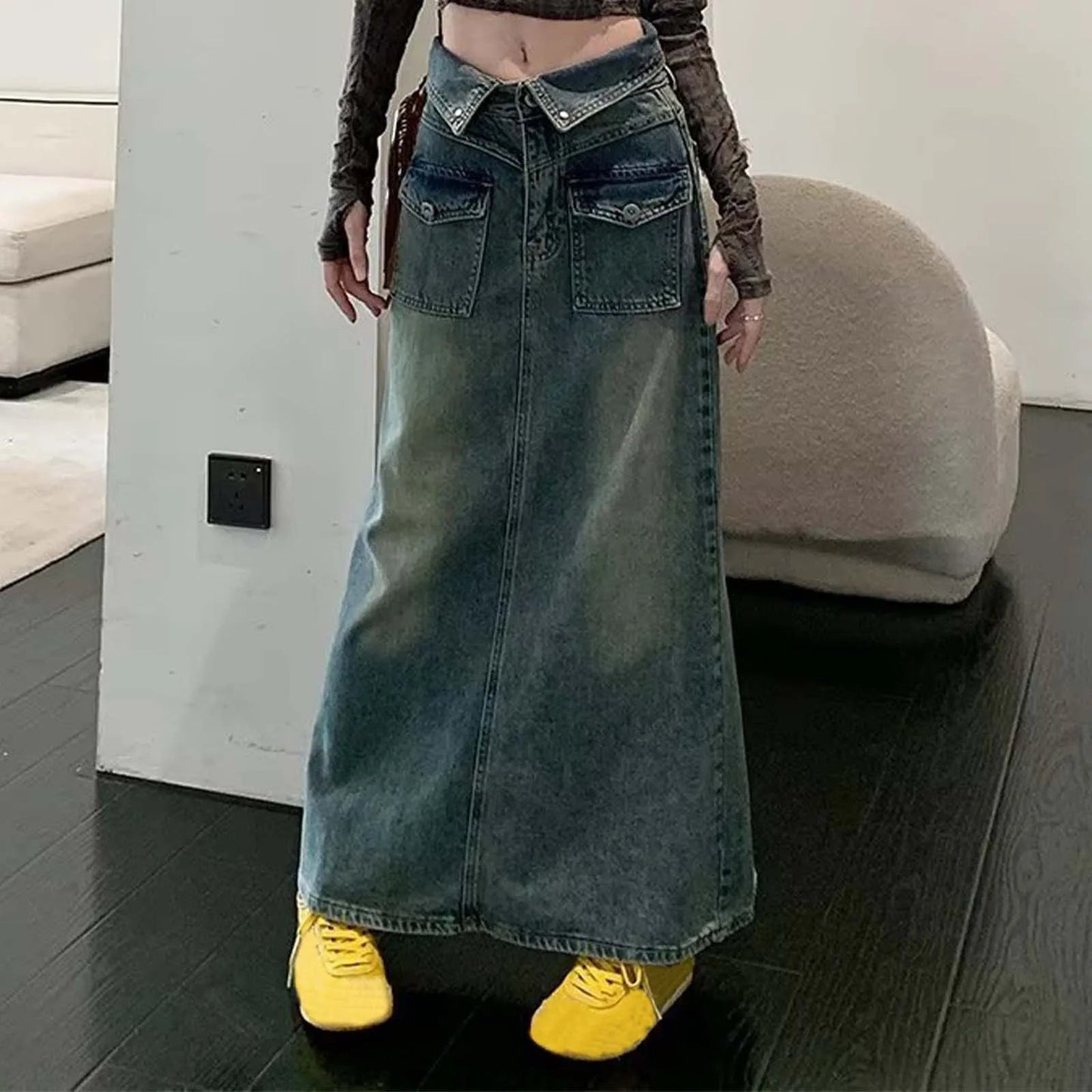 Loose Midi Wrap Denim Skirt