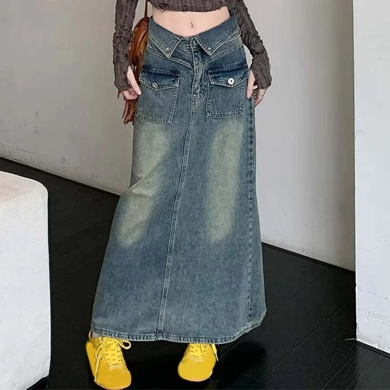 Loose Midi Wrap Denim Skirt