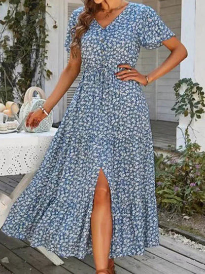 Loose New Slit Holiday Leisure Print Midi Dresses