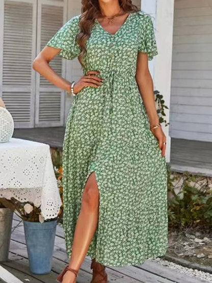 Loose New Slit Holiday Leisure Print Midi Dresses