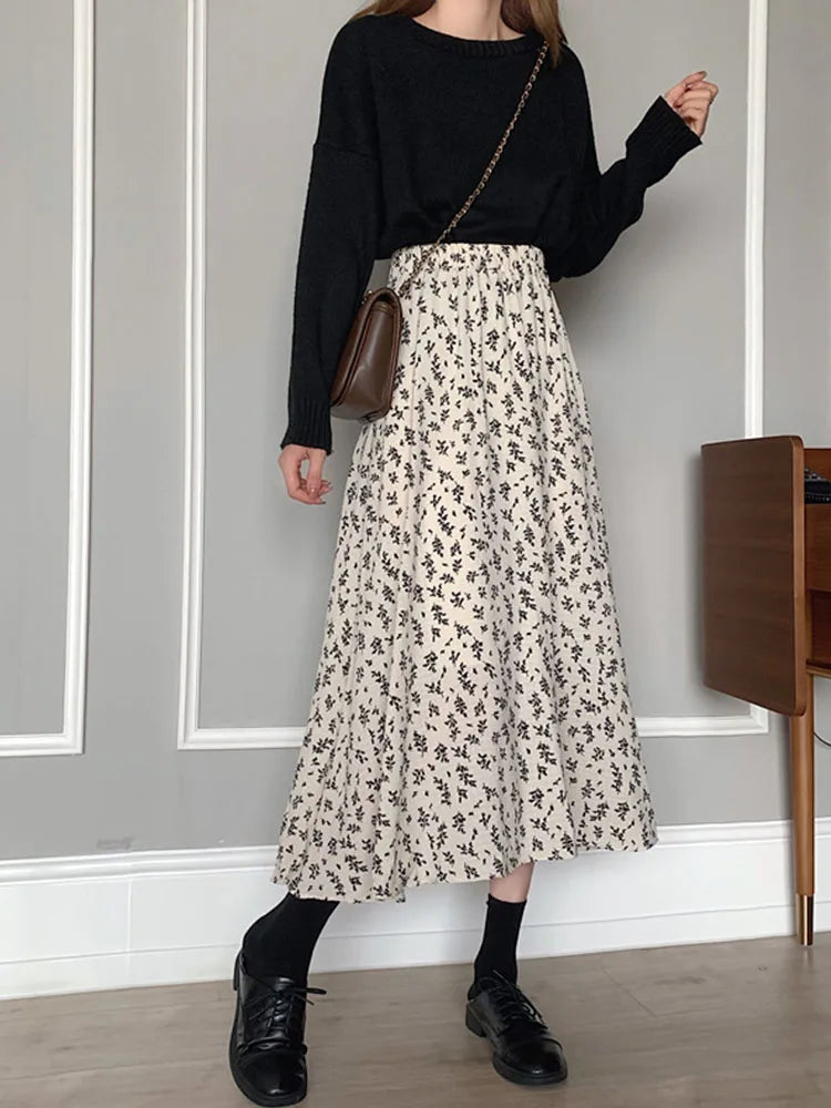 Dressbetty - Print A-line Pleated Drawstring Midi Skirt