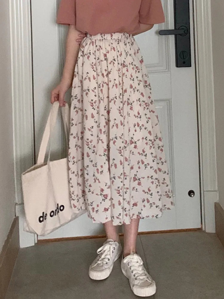 Dressbetty - Print A-line Pleated Drawstring Midi Skirt