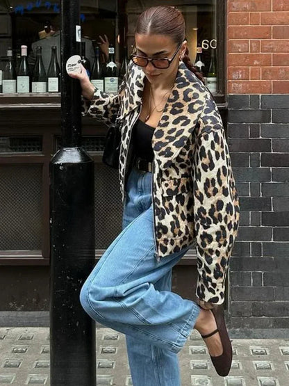 Leopard Print Bomber Lapel Long Zipper Loose Coat