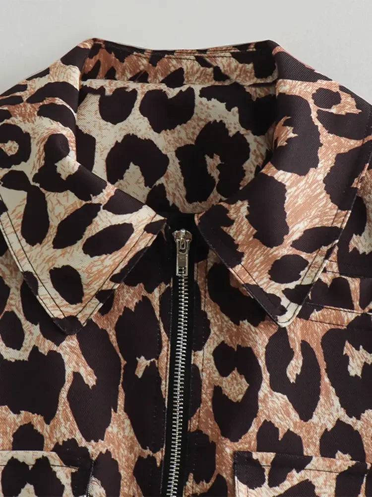Leopard Print Bomber Lapel Long Zipper Loose Coat