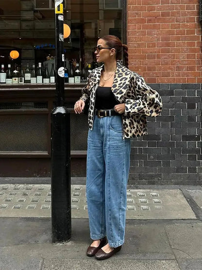 Leopard Print Bomber Jacket Lapel Long Sleeves Zipper Pockets Loose Coat Autumn Lady High Streetwewar