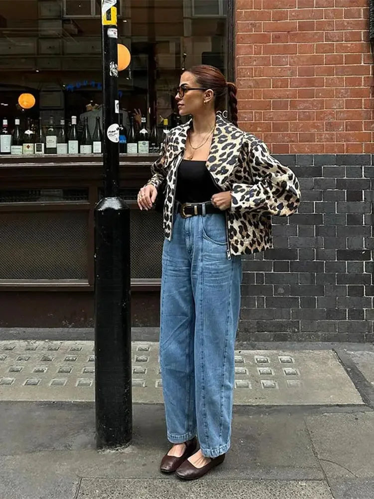 Leopard Print Bomber Jacket Lapel Long Sleeves Zipper Pockets Loose Coat Autumn Lady High Streetwewar