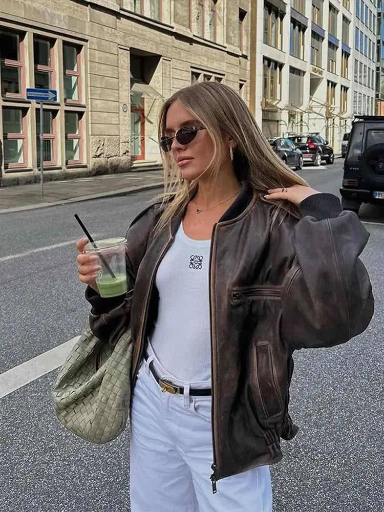 O-neck Zipper Loose Lantern Long Pocket Short Coat