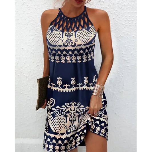 Print Halter Neck Mini Dresses Summer New Hollow Out O Neck Sleeveless Dress Lady Commuting Short Vestidos