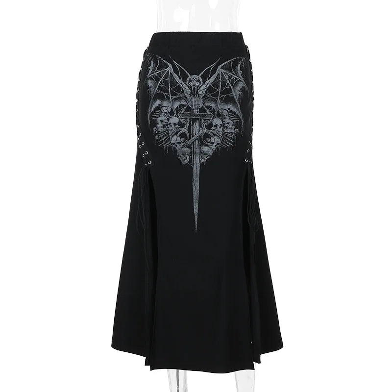 Print High Waist Mermaid Maxi Gothic Long Gothic Print High-slit Skirt