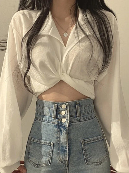 Harajuku Blouse Crop Top Korean Style Trends Black White Long Sleeve Shirt Female Tunic