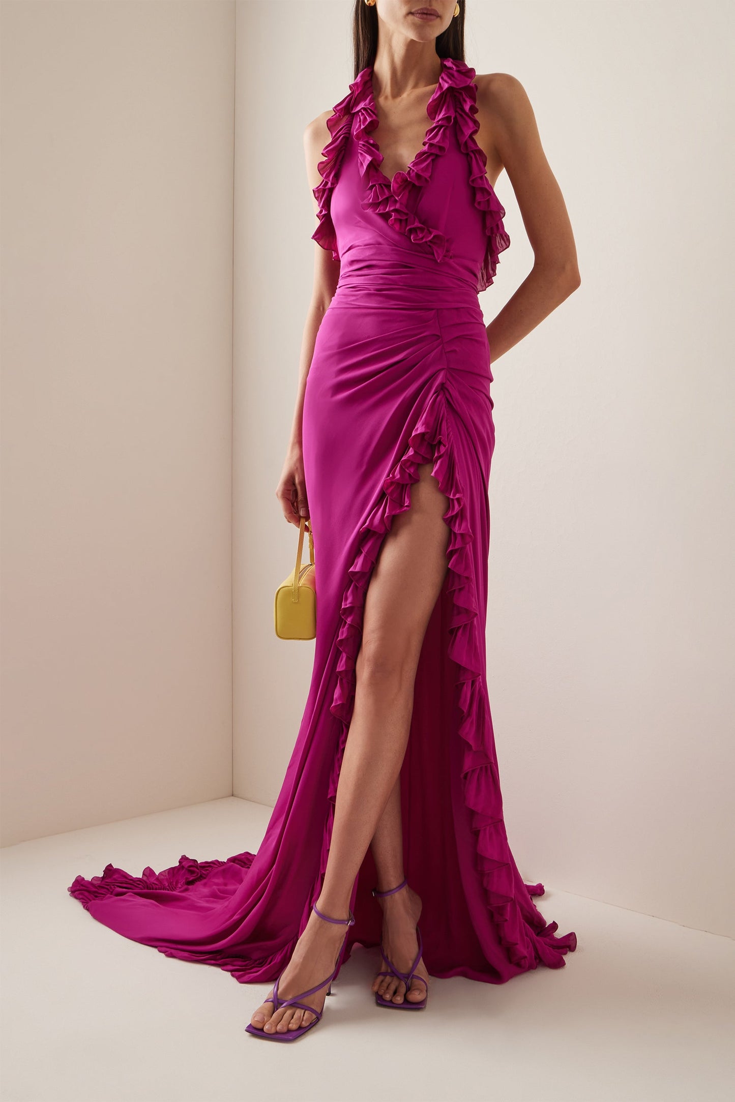 V-neck Sleeveless Backless Slit Ruffle Hem Maxi Dress