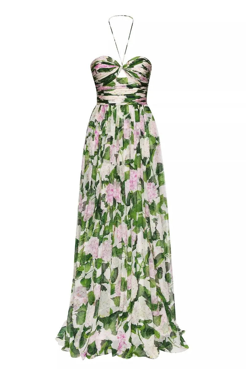 Off-shoulder Halter Neck Pleat Maxi Dress