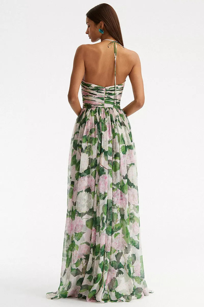 Off-shoulder Halter Neck Pleat Maxi Dress