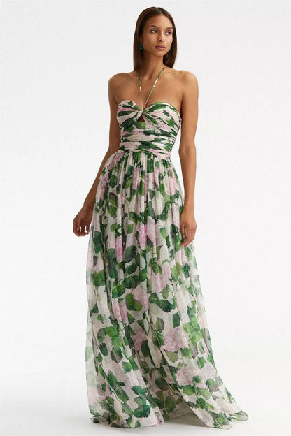 Off-shoulder Halter Neck Pleat Maxi Dress