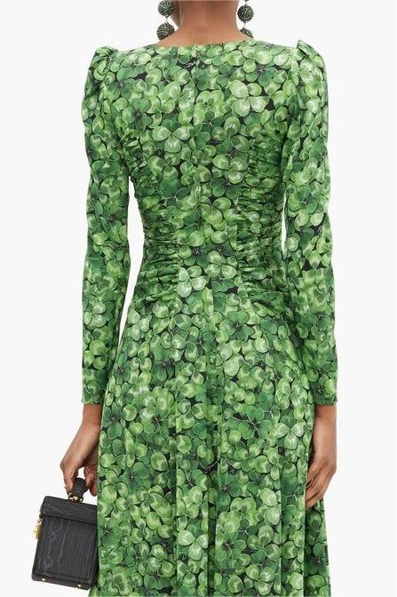 Botanical Print Long Sleeve Round Neck Maxi Dress