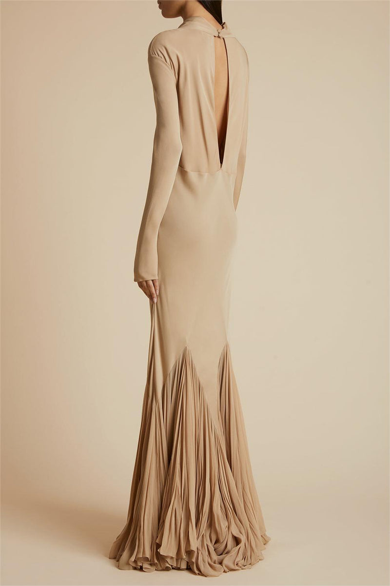 Cowl Neckline Pleat Long Sleeve Maxi Dress