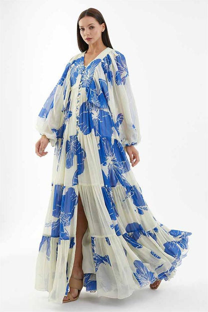 Print Long Sleeve V-neck Maxi Dress
